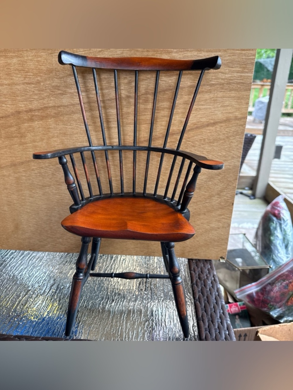 Classic Wooden Windsor-Style Armchair in Two-Tone Black and Warm Brown doll bear